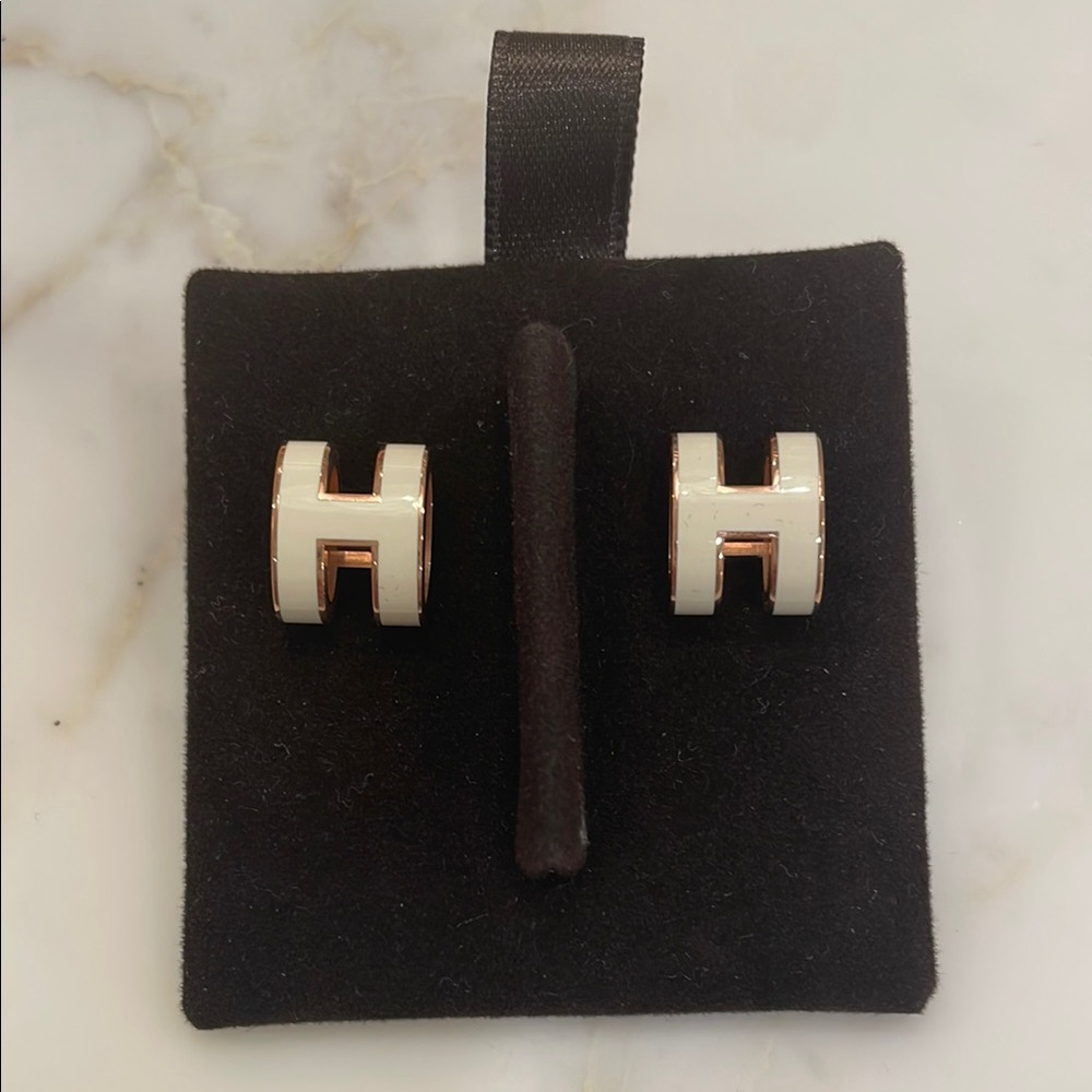Hermes White and Gold Mini Pop H Earrings